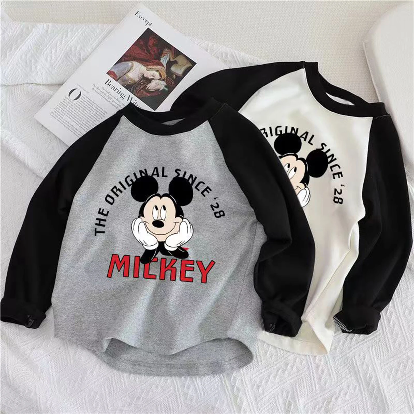 

Cotton Long Sleeve T-shirt Spring Autumn New Cute Mickey Boys' Splicing O-neck Tops Cartoon Pattern Girls' Casual Loose Pullover