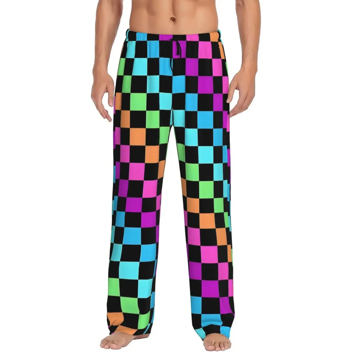 남성용 맞춤 프린트 체크 파자마 바지, 다채로운 프린트 수면복 바지 (포켓 포함)