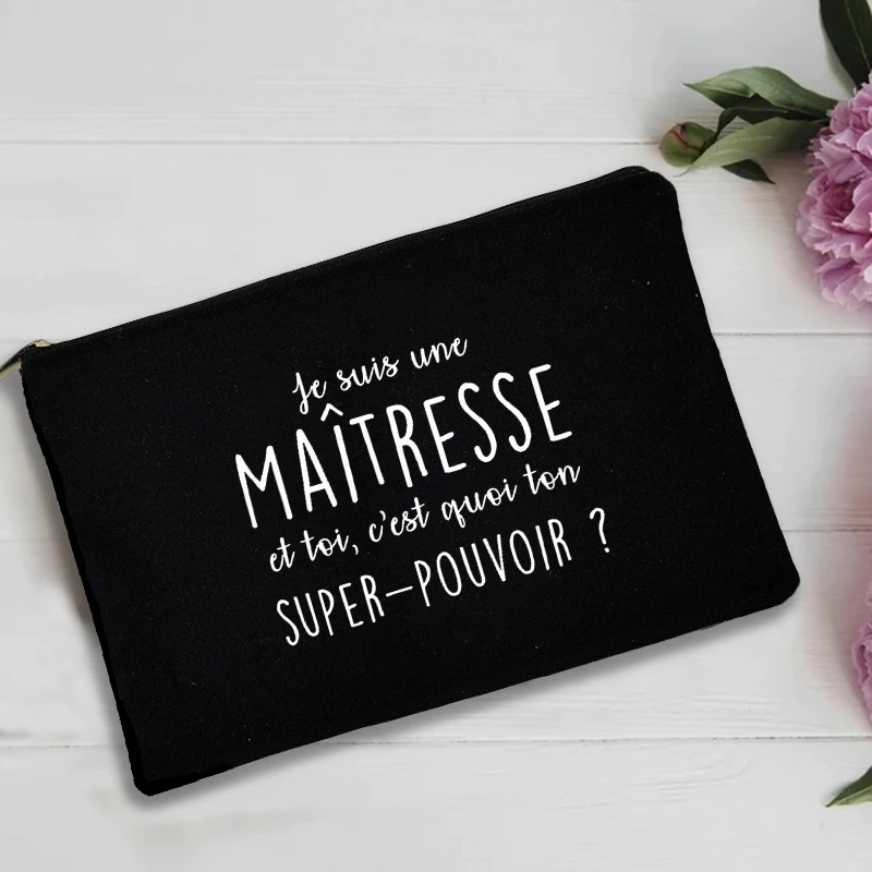 French Print Thank You Mistress Black Wristlet Clutch Bag Merci Maîtresse Teacher\'s Storage Bag Travel Wash Pouch Teacher Gifts