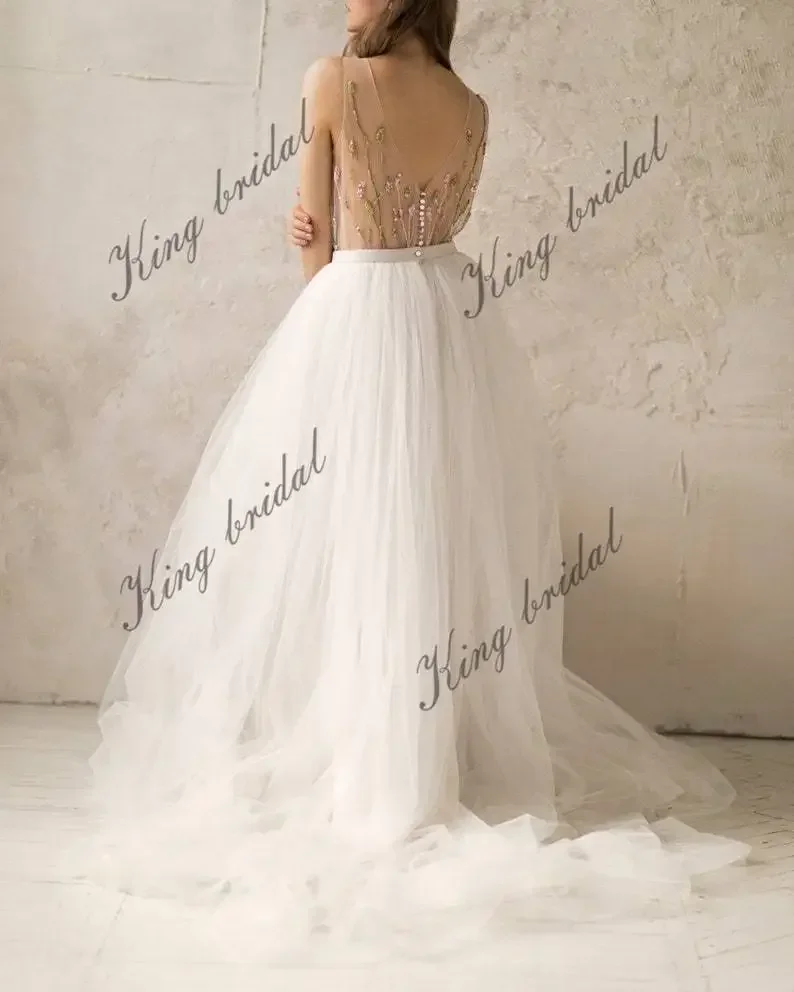 Vestido de noiva com decote em v personalizado marfim sem mangas vestido de noiva tule vestido de casamento aberto nas costas simples vestido de casamento de praia