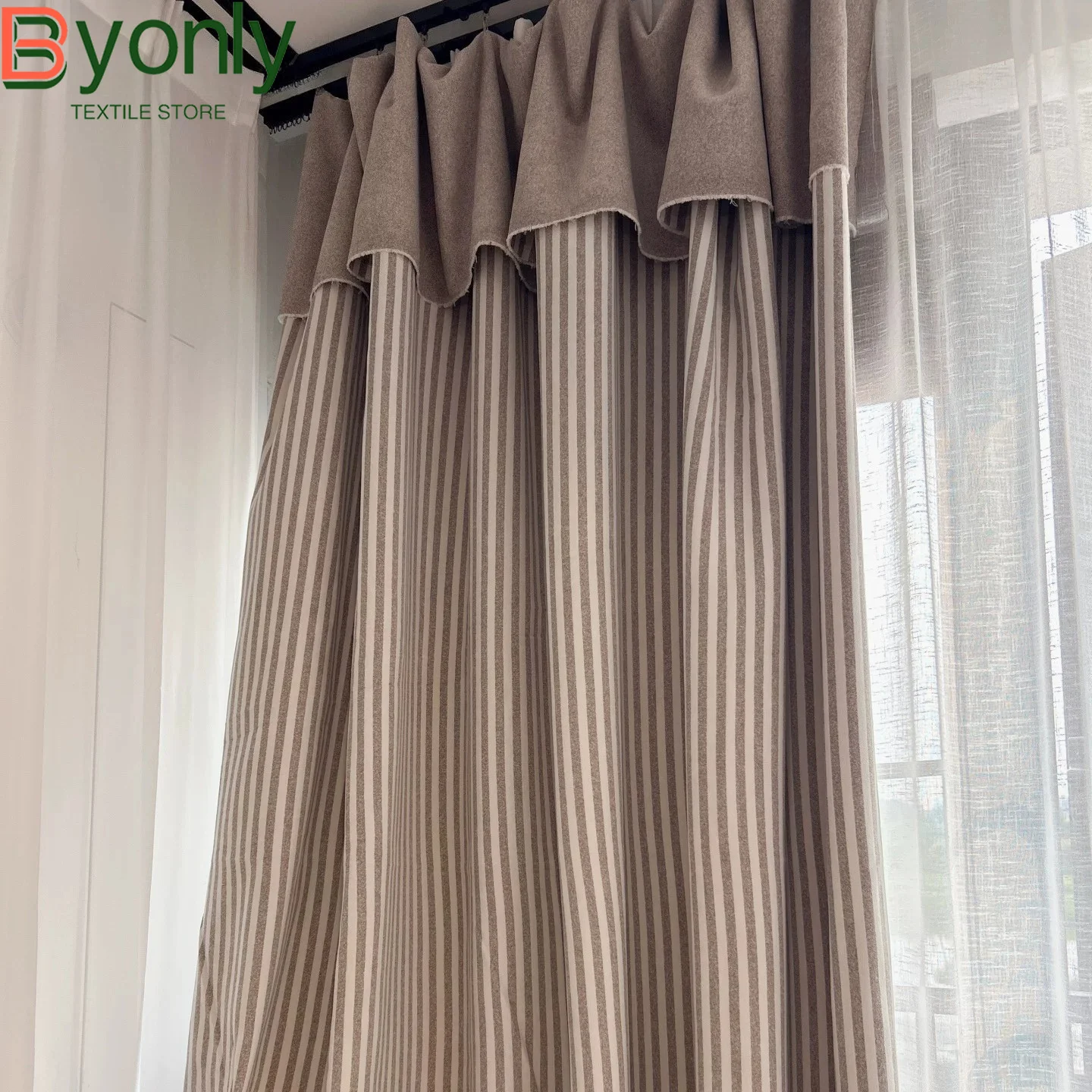 Cotton Linen Japanese Vertical Stripe Light Coffee Jacquard Curtains for Living Room Bedroom French Window Balcony Customized