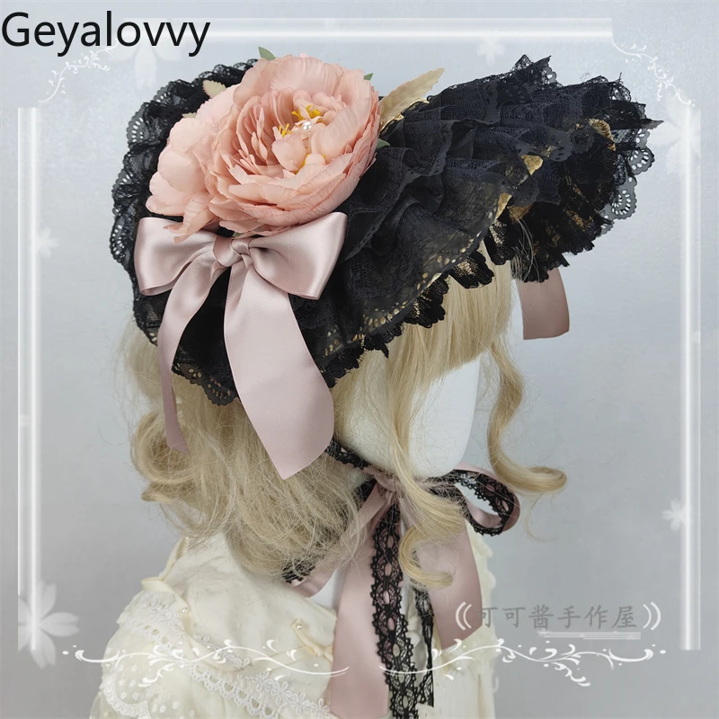 일본 오리지널 로리타 목가적 인 꽃 플랫 모자 달콤하고 귀여운 소녀 다목적 모자 레이스 레이스 업 바이저 밀짚 모자 액세서리