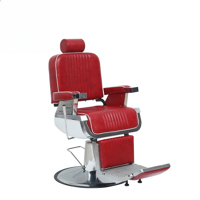 Retro burgundy hydraulic haircut chair 360 ° rotating reclining, stainless steel pedal hairdressing chair