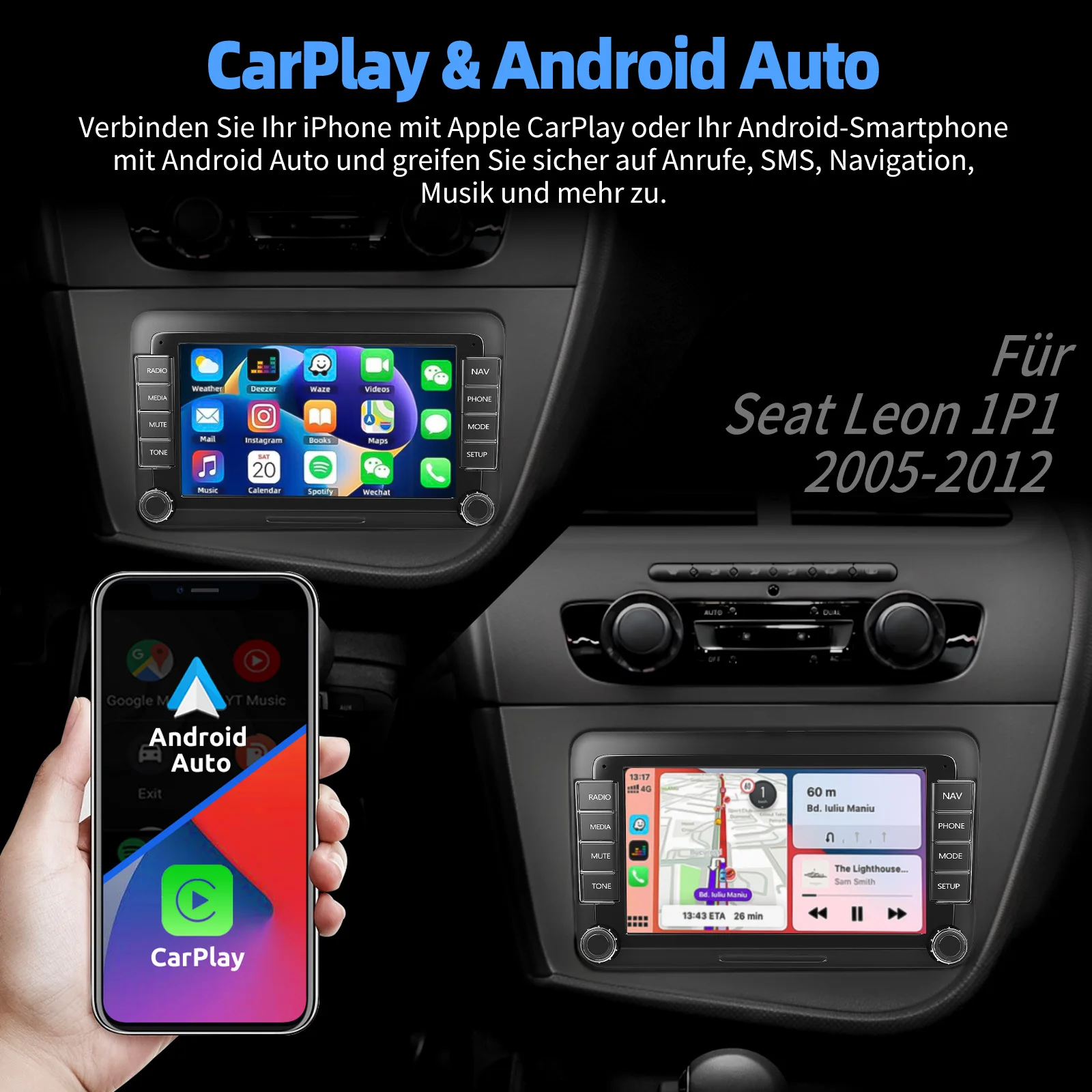 ESSGOO 7'' 32/64GB Android 15 Für Seat Leon 1P1 05-11 Touchscreen GPS Navi WIFI RDS Kabelloses Carplay Android Auto AI Sprachsteuerung Headunit – Detail 6
