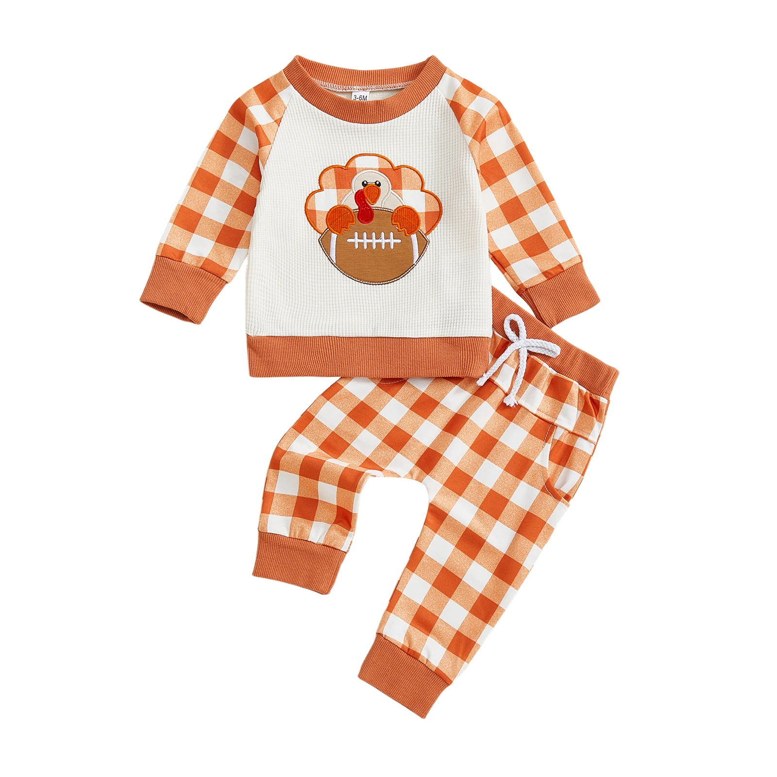 

Toddler Baby Plaid Set Fall Turkey Pattern Long Sleeve Round Neck Pullover Bow Pants 2 Pcs Thanksgiving Outfits