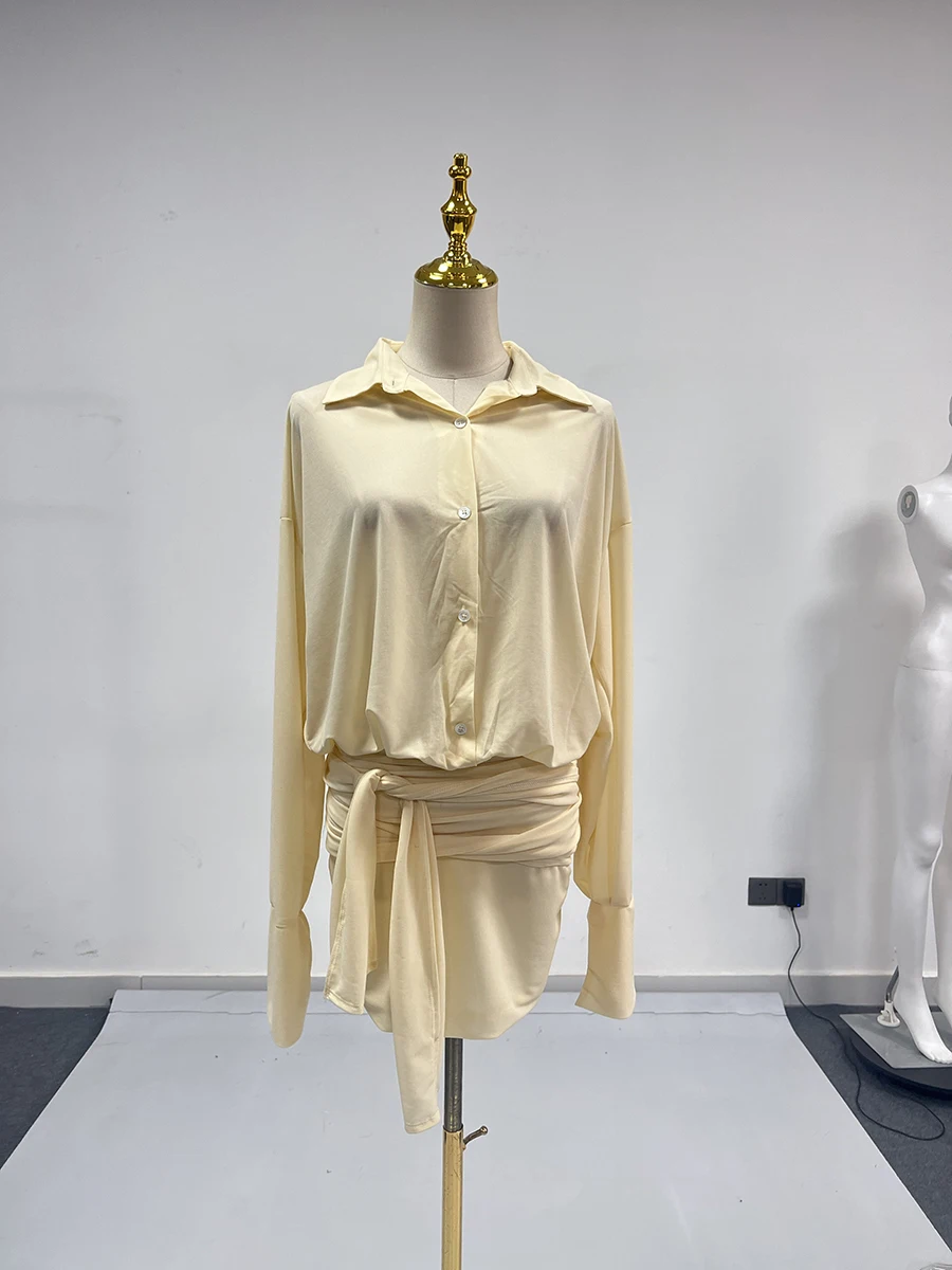 TWOTWINSTYLE Solid Loose Spliced Single Breasted Dresses for Women Lapel Long Sleeves Patchwork Sheer Dress Female Clothing New