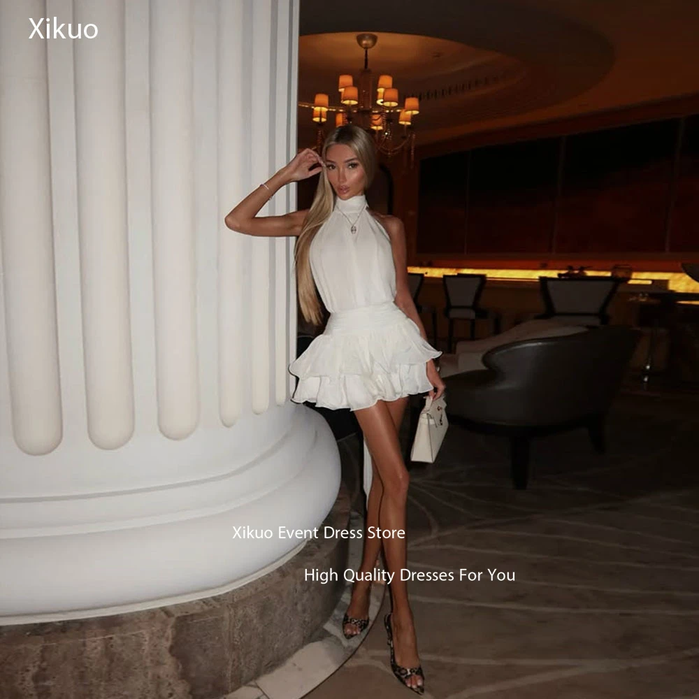 

Xikuo Halter Neckline Sleeveless Prom Dress A Line Puffy Hem Homecoming Dresses Backless Cocktail Celebrity Dresses Customized