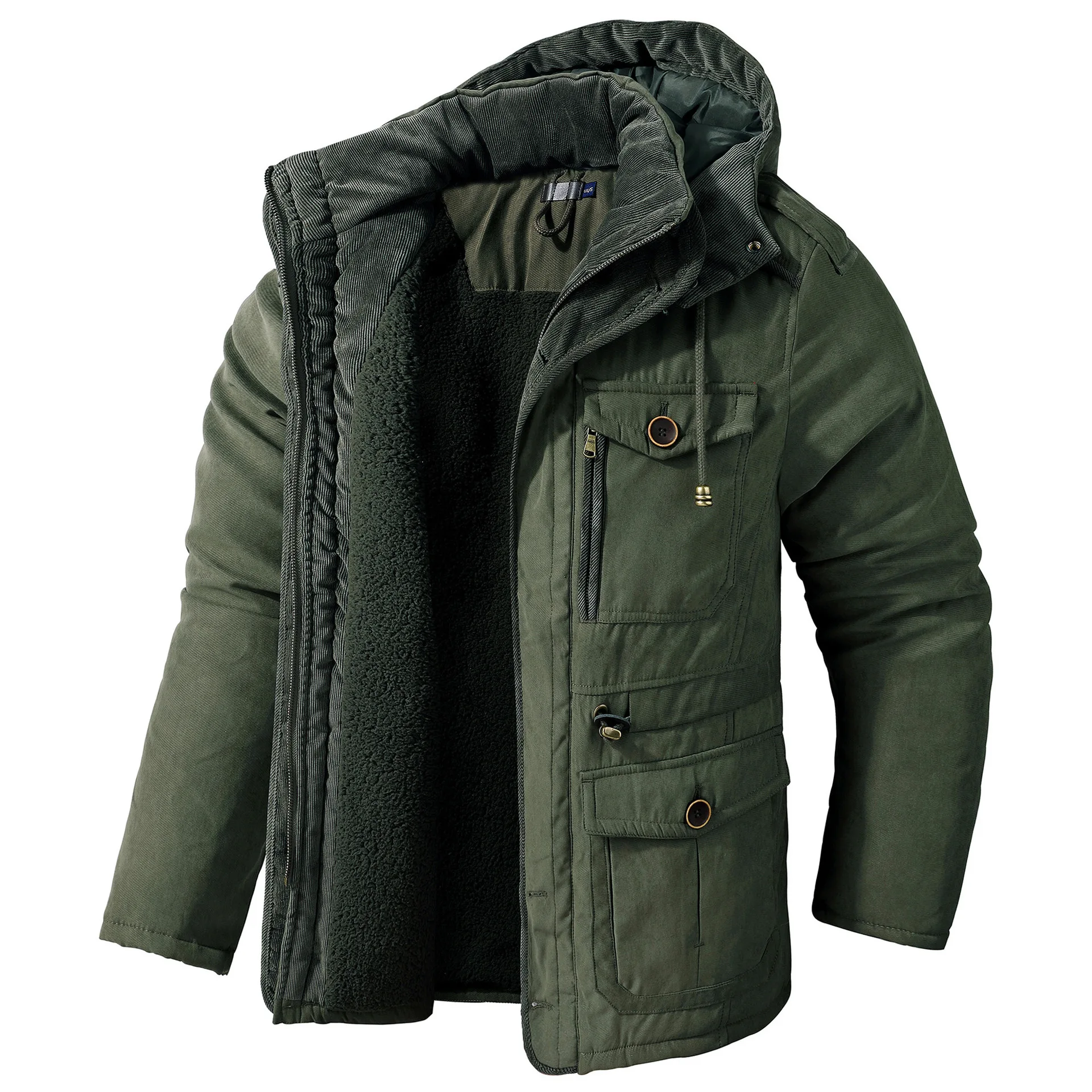 

Winter Men's Jacket USA SIZE Large Size Lamb Fleece Hooded Cotton Jacket Thickened Multi-Pocket Casual Coat Mid Length Jackets