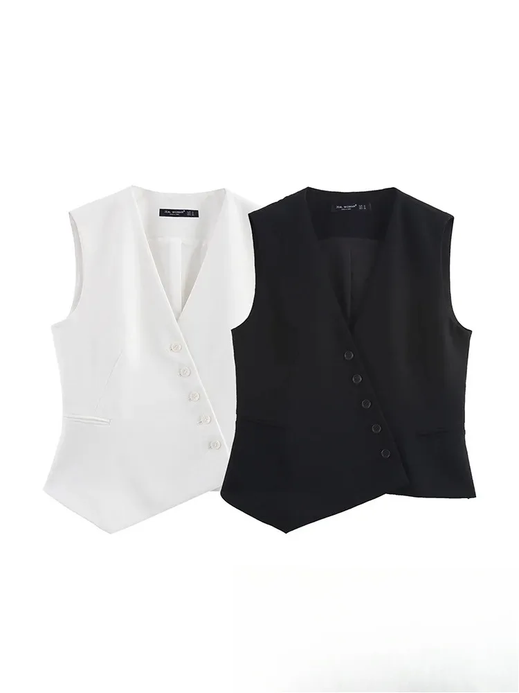 KONDALA Casual Women Solid Tops Asymmetric V-Neck Single Breasted Pockects Sleeveless Vest Fashion 2025 Autumn Blazer Tops