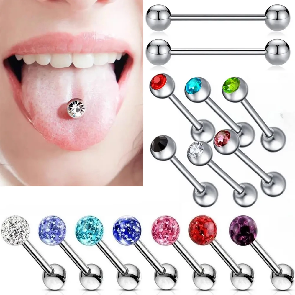 

6pc 14g 1.6mm Multi Style CZ Steel Tongue Bar 6mm Ball Nipple Ring Barbell Piercing Jewellery Set 16mm 19mm 22mm