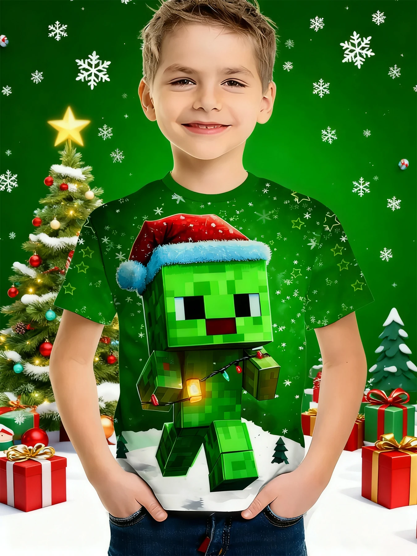

[Christmas Theme Kids Wear] Green Pixel Santa Hat Boys' Short Sleeve T-Shirt, Round Neck, Comfortable and Versatile