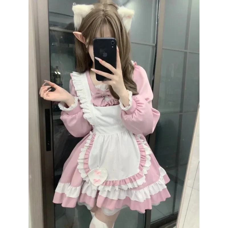 

Japanese Anime Maid Sweet Lolita Sailor Uniform Women Plus Size Halloween Waitress Role Play Cute Bow Long Sleeve Lolita Dress