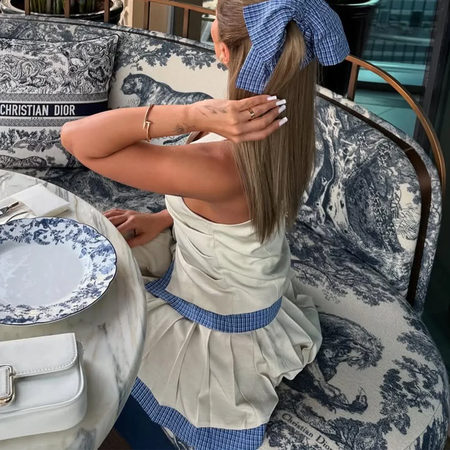2025 Summer New Women's Two-piece Set with Beige Blue Grid Splicing Hanging Neck V-neck Button Short Skirt Set