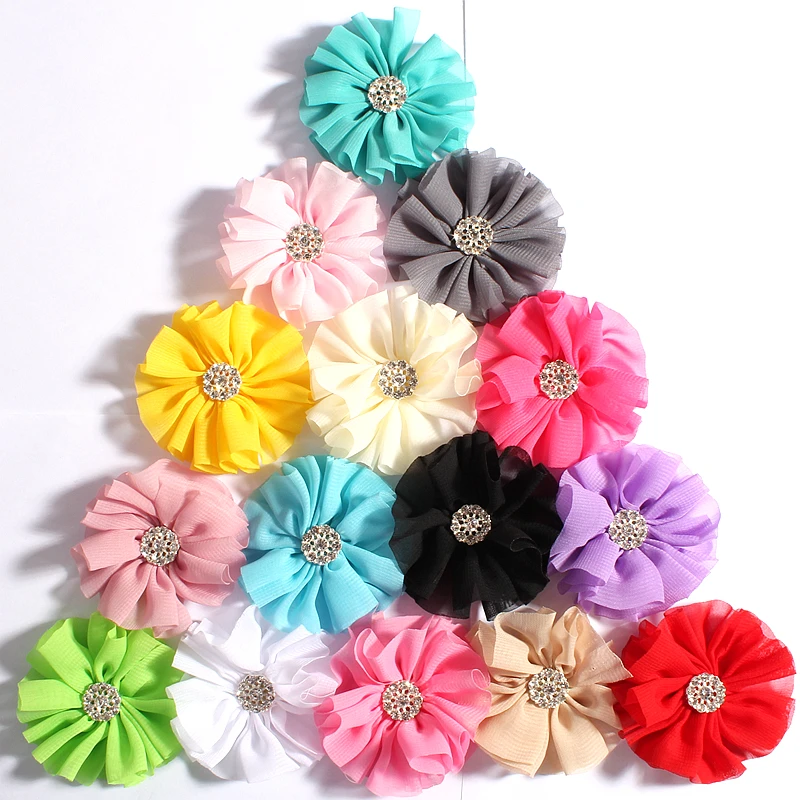 120pcs/lot 6.5cm 15colors Chiffon Flowers With Rhinestone Bow Button For Girl Hair Accessories Fabric Flowers For Kids Headbands