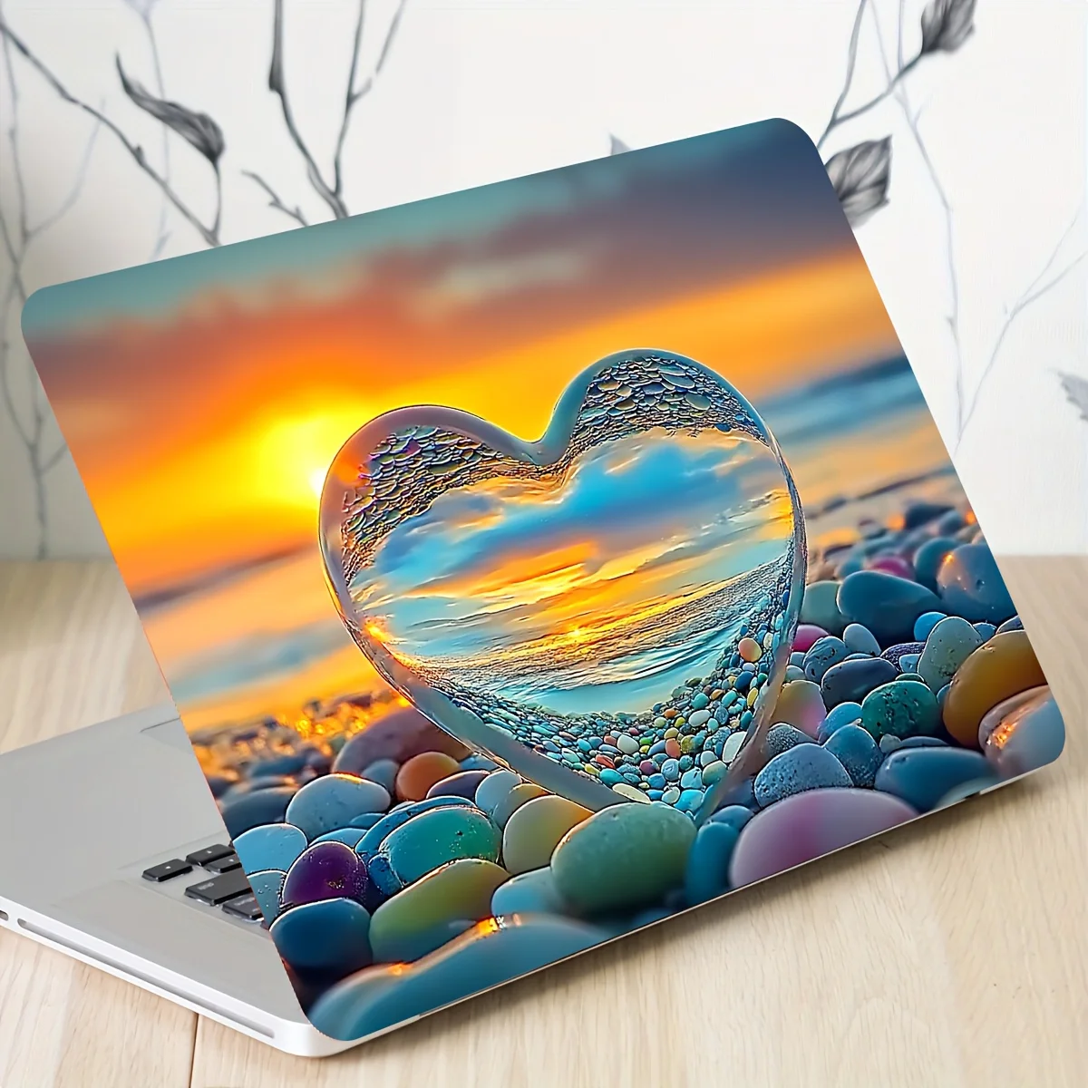 2 heart-shaped laptop skin stickers with sunset beach design - waterproof, scratch resistant vinyl decals, suitable for laptops
