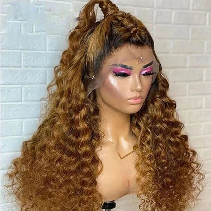 

Soft 26 Inch 180% Density Long Kinky Curly Preplucked Ombre Blonde Brown Lace Front Wig For Black Women Babyhair Glueless Daily