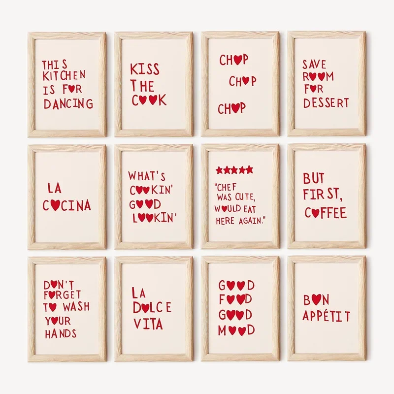Minimalist Heart Red Quote Poster Prints Aesthetic Kitchen Cute Cooking Wall Art Picture Nordic Canvas Painting Restaurant Decor