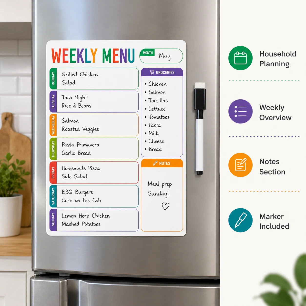 1pc Weekly Menu Fridge Whiteboard Sticker With 1 Erasable Marker, Dry Erase Meal Planner For Kitchen Grocery List Notes view 4