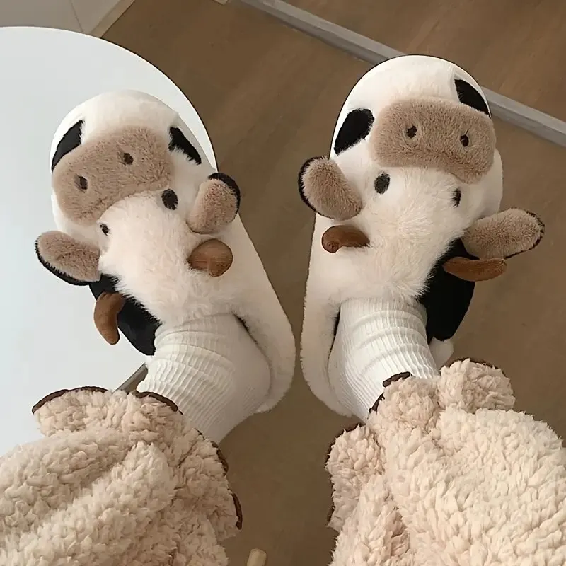 Women\'s Cartoon Cute Cow House Slippers Warm Plus Lined Closed Toe Fuzzy Home Slides Women\'s Fluffy Comfy Shoes Winter Autumn