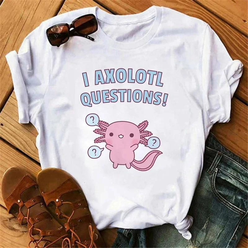 Axolotl تي شيرت ملابس حريمي لطيف kawaii خمر y2k تي شيرت الصيف الإناث شرب شاي فقاعات الفتاة عادية كم قصير تي شيرت