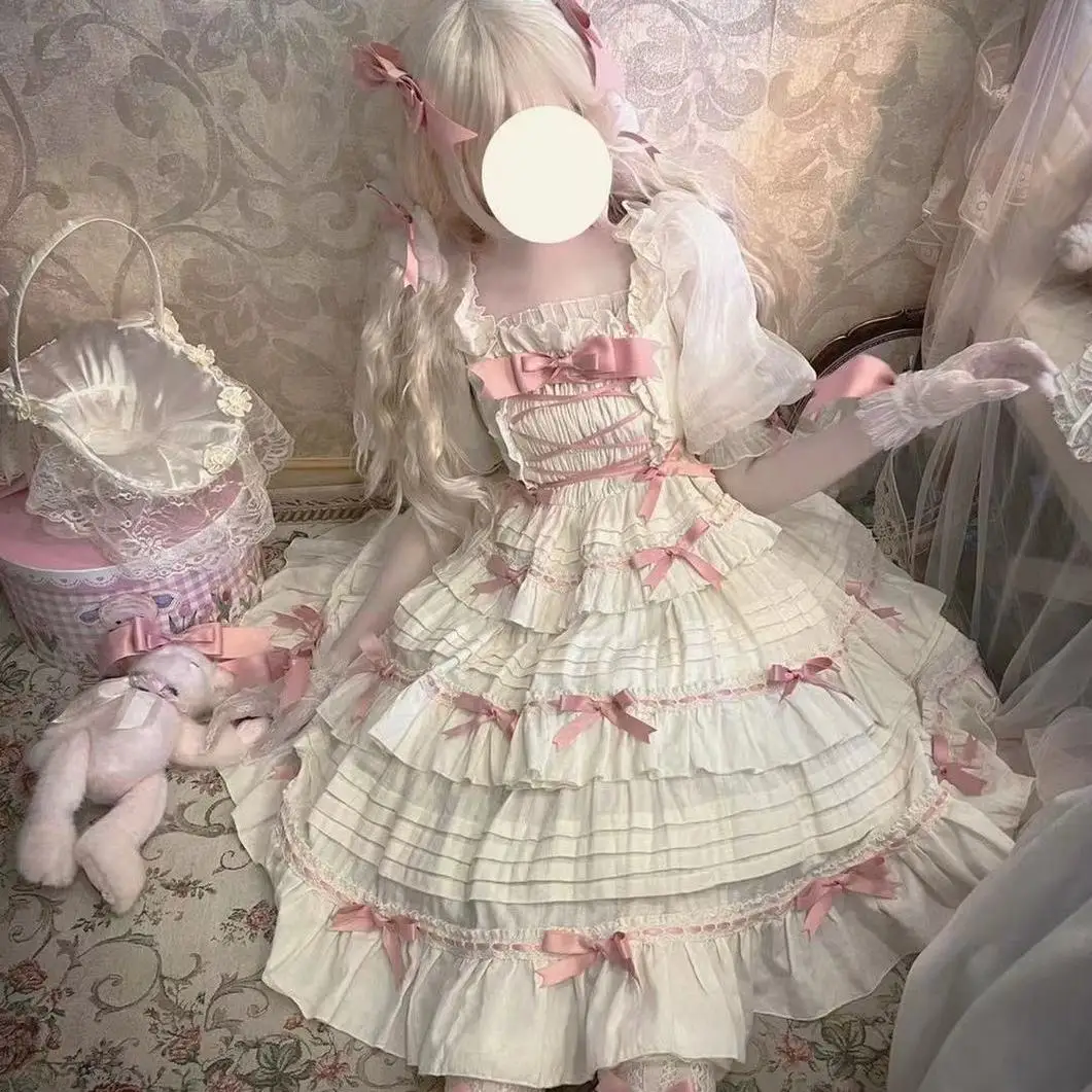 Zomer Japanse Lolita Jsk Jurk Zoete Lolita Straped Jurken Vrouwelijke Meisjes Tali Contrast Boog Jsk Vrouwen Kant Loli Kawaii Jurk