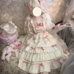 Summer Japanese Lolita JSK Dress Sweet Lolita Straped Dresses Female Girls TALI Contrast Bow JSK Women Lace Loli Kawaii Dress