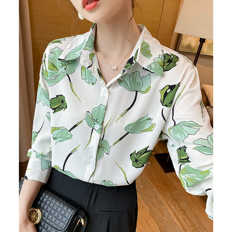 Women Spring Korean Loose Vintage Printing Chiffon Turn-down Collar Long Sleeve Shirts Women Clothes Casual Appear Thin Tops