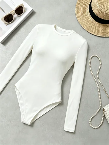 Bodysuit Women Crew Neck Long Sleeve Bodysuit Slim Fit High Stretch Basic Jumpsuit Solid Casual Daily Fashion Body Top