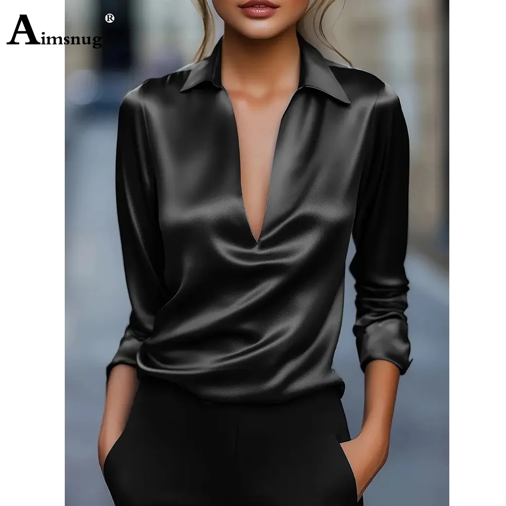 European Style 2025 Women Long Sleeve Basic Shirts New Elegant Fashion V-neck Tops Blouse Ladies Notched shirt blusas femmes