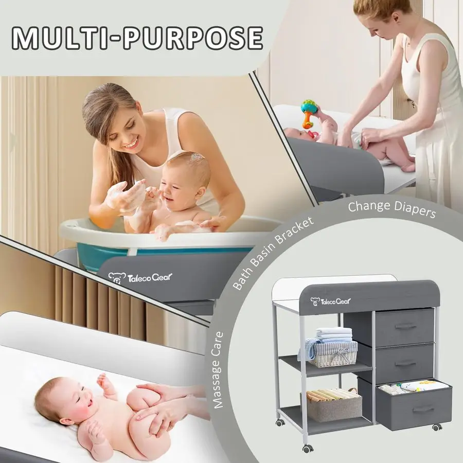 Changing Table, Portable Changing Table, Diaper Changing Station with Waterproof Pad, Changing Table Dresser with 3 Storage Bask