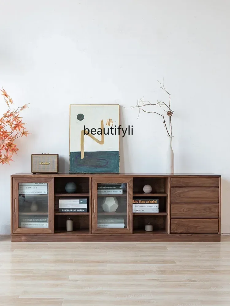TTT Nordic solid wood bookcase, black walnut combination dust-proof glass floor-to-ceiling storage side cabinet