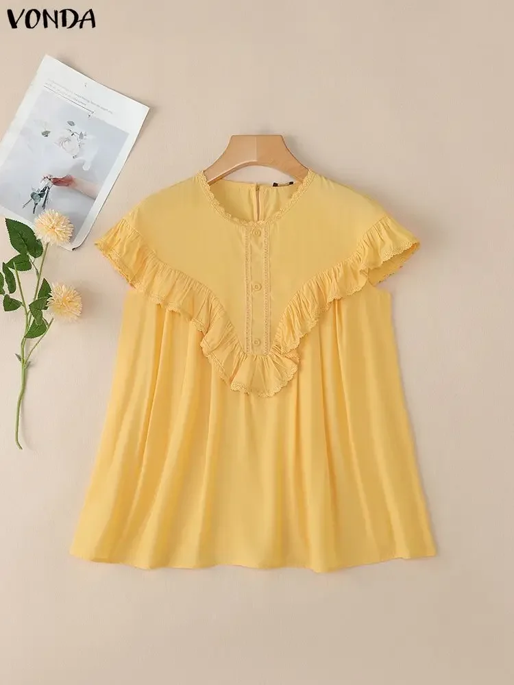 VONDA Modna Bluzka Damska Casual Krótki Rękaw Falbany Elegancka Koszula Biurowa Koronkowa Tunika Top 2025 Lato Jednolity Kolor Bluzki