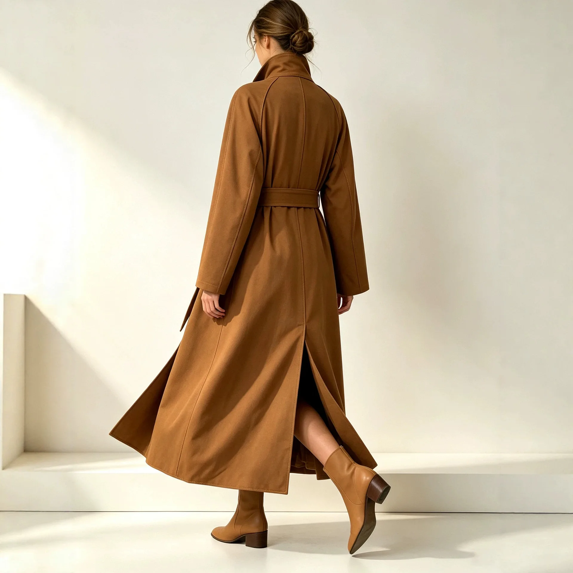 2026 New Women Stand Collar Long Trench Coat Double Breasted Tie Waist Loose Knee Length Jacket Autumn Windbreaker Outerwear