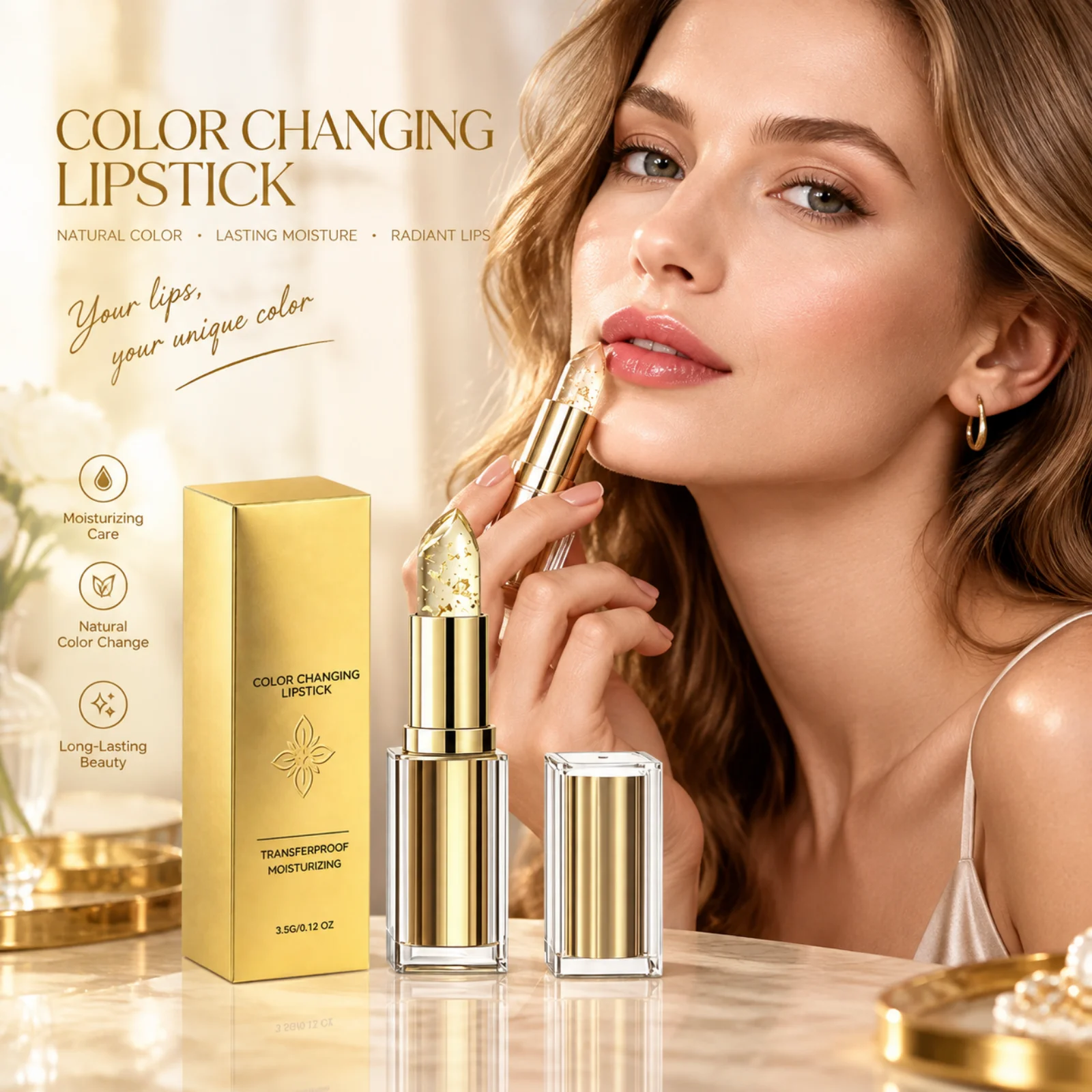 Color Changing Lipstick Lip Balm Fade Lip Lines Moisturizing Nourishing Non Greasy Chapped Lips Repair Gold Flake Lipstick 3.5g