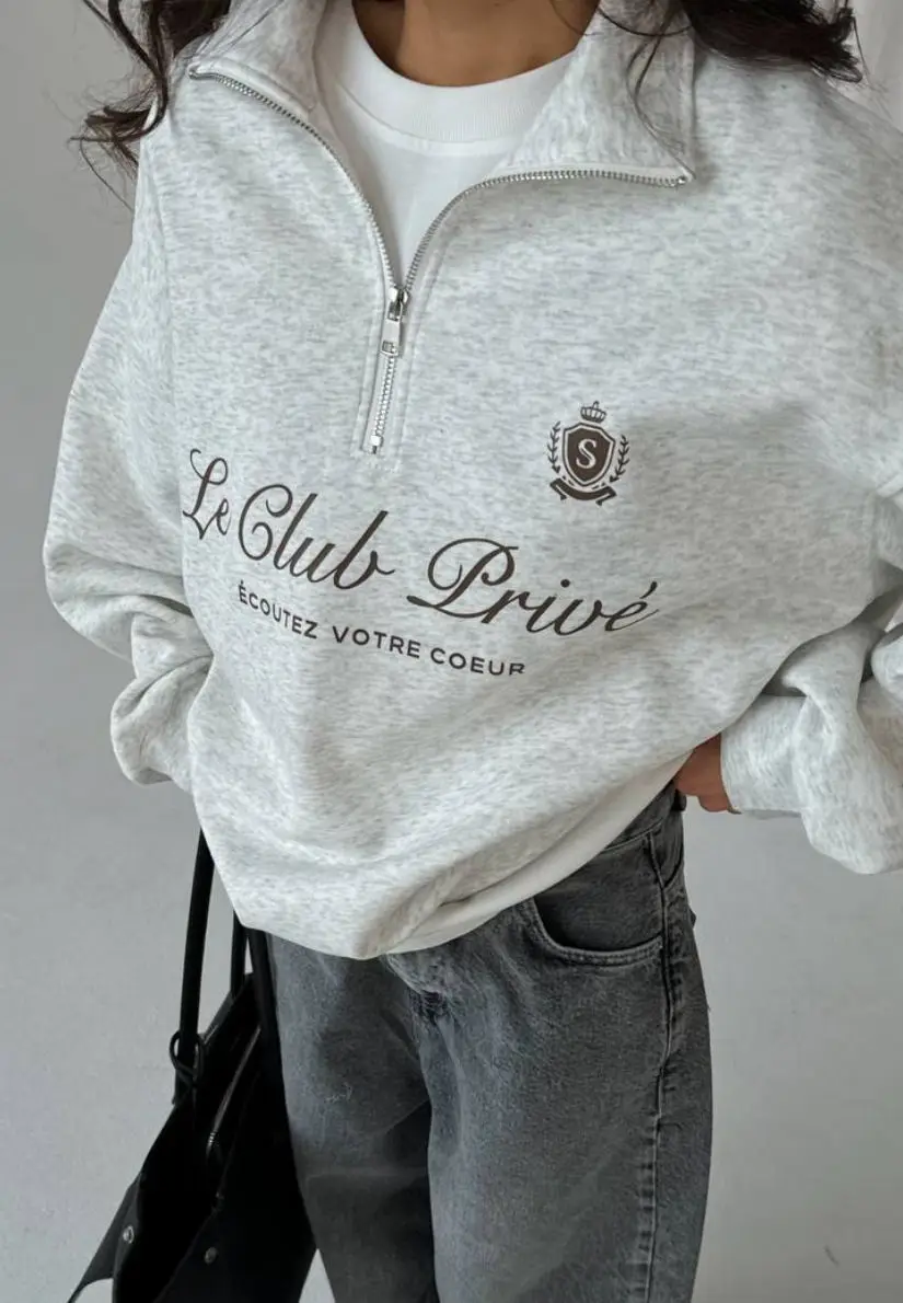 Damskie bluzy w stylu vintage francuskich marek, z zamkiem błyskawicznym, kołnierzykiem, biało-szare, z nadrukiem liter, duże rozmiary, oversize, codzienne topy.