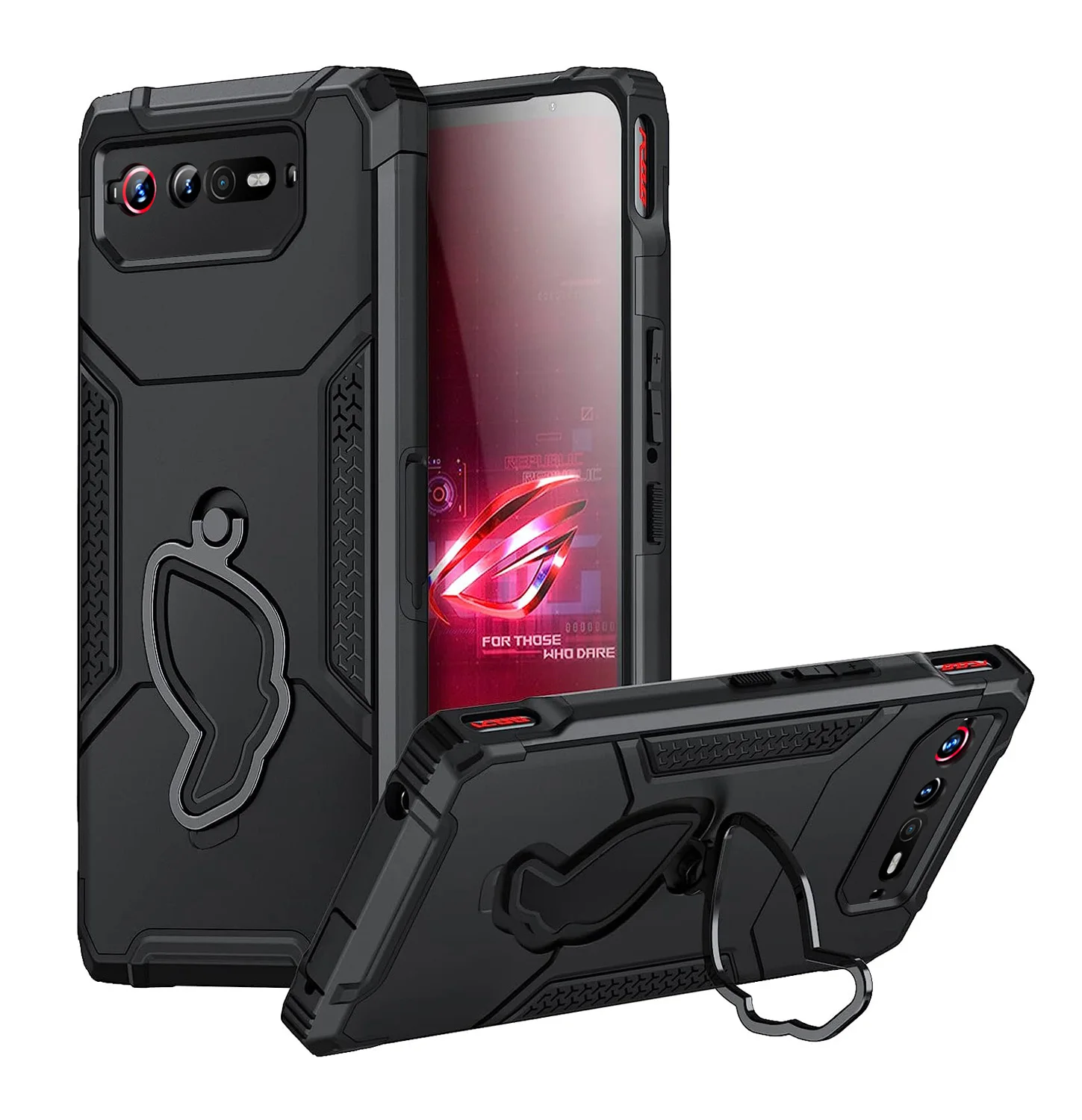 ASUS ROG Phone 6/7用ケース、頑丈な耐衝撃カバー、リングスタンドと放熱機能付き、ミリタリーグレードPC+TPU保護ケース