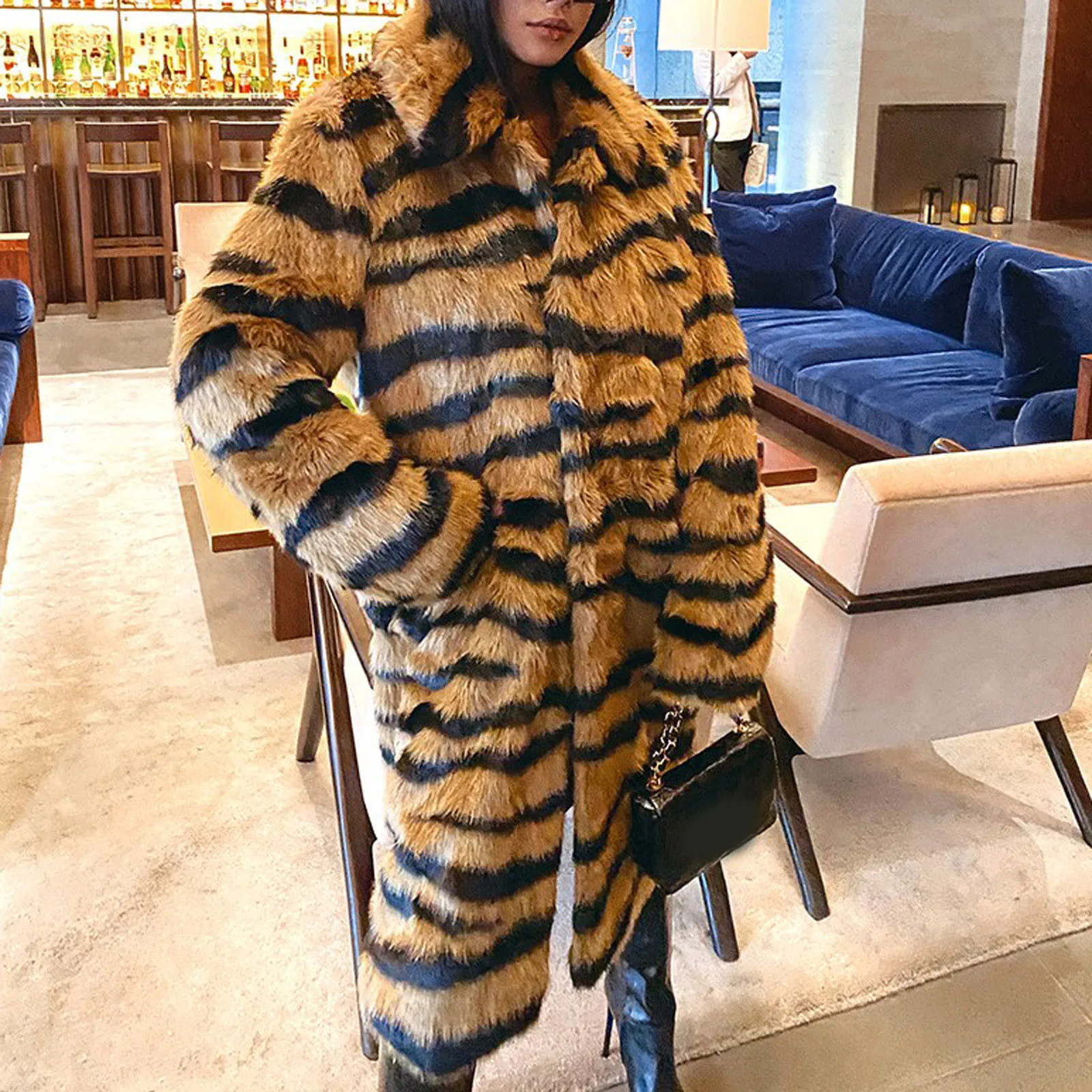 Tiger Print Fleece Jacket Womens Warm Long Sleeve Leopard Print Overcoat Faux Fur Outwear Thicken Korean Blazer Winter Coat