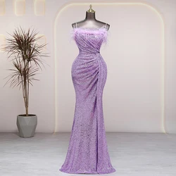 Candy color purple fur collar side slits evening dress prom dress luxury wedding party dress formal occasion vestidos de fiesta