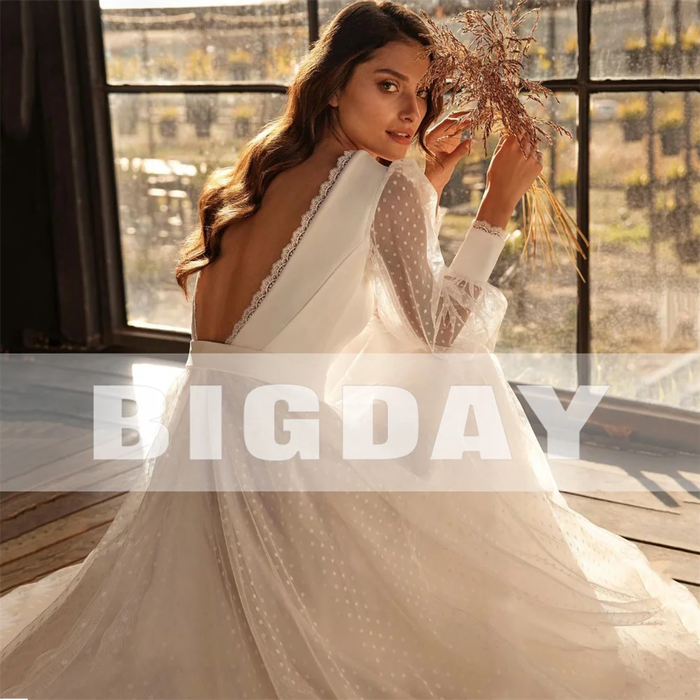 Elegant A-Line Wedding Dress Women 2024 Open Back Long Sleeve Square Collar Lace Tulle Bridal Gown Sweep Train Vestidos De Noiva