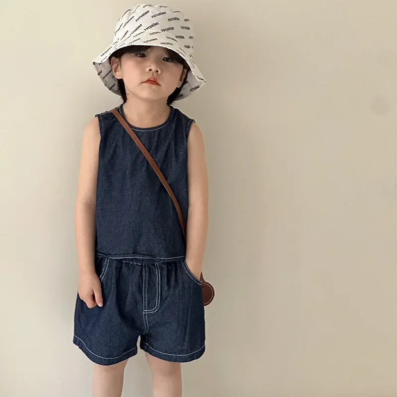 2024 Summer Brother Sister Denim Outfits Retro Solid Boy Children Sleeveless Tops Short 2pcs Girl Baby Cotton Casual Skirt Suit