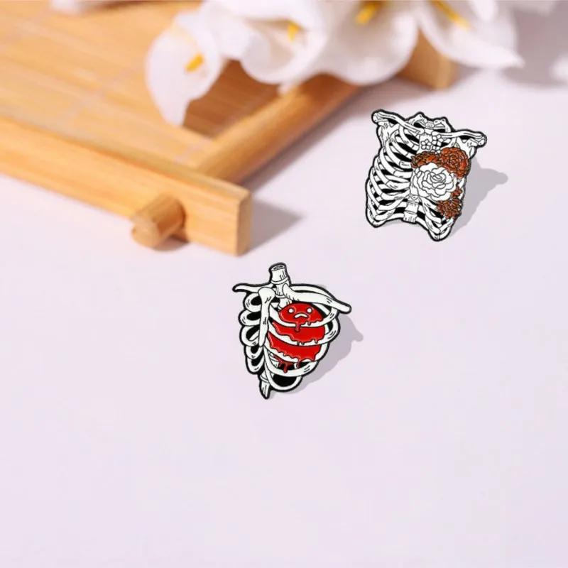 Enamel Pins Custom Rib Cage Rose Heart Brooch Lapel Badge Bag Gothic Punk Jewelry Gift for Friends Love Even Dead