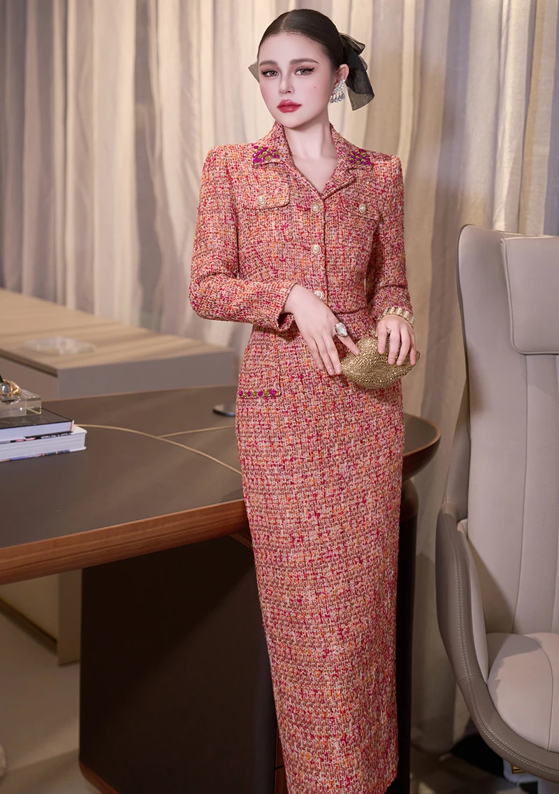 ZJYT Elegante luxe korte tweed wollen jas en lange rok 2-delige bijpassende set herfst winter 2025 damesoutfit feestpakken