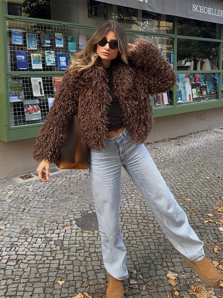 Fashion Brown Women Short Faux Fur Jacket Elegant Lapel Long Sleeve Fluffy Cardigan Coats Winter Lady Solid Warm Street Outwear