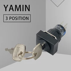 5pcs 16mm Plastic Button Switch With Key Rotary Locking 2NC 2NO Silver Contact 6 Pins Three Position Lock Control LA16J-22Y/3