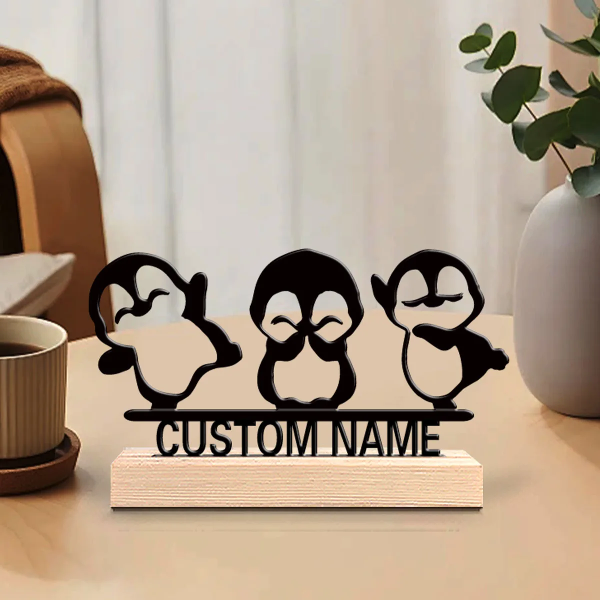 1pc Modern Penguin Personalized Letter Tin Statue Metal Ornament Figurine With Wood Base Metal Ornament For Office Room Decor
