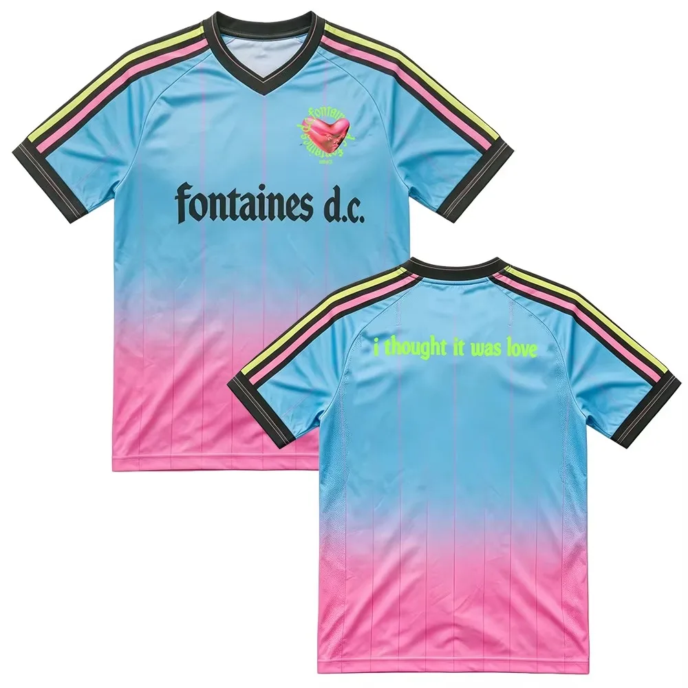 Fontaines D.C. Band Soccer‑Style Jersey T‑Shirt, Blue‑Pink Gradient Short Sleeve Tee, I Thought It Was Love Graphic Unisex Casua