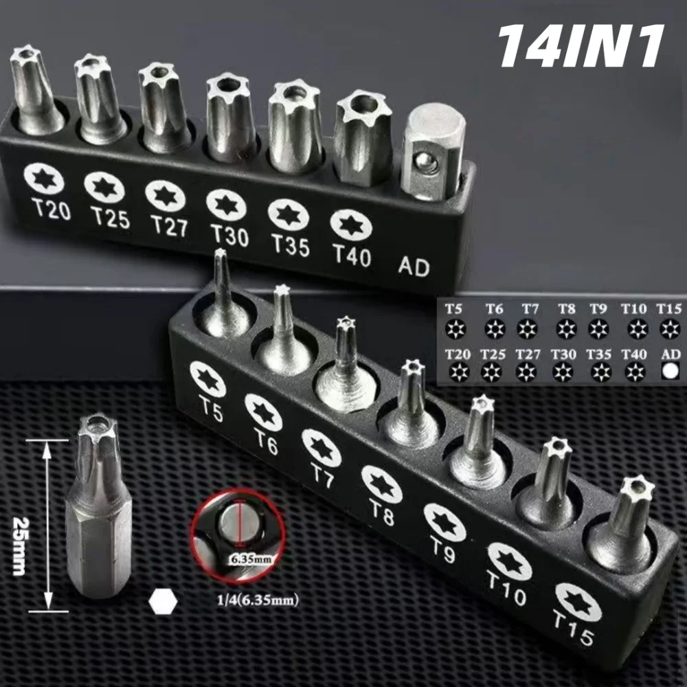 Torx-Schraubendreher-Bit-Set, manipulationssichere Sicherheitsbohrer, 25 mm lang, Flachkopf, 1/4 Zoll Sechskant-Schraubendreher, Handwerkzeuge T5-T40 – Detail 1