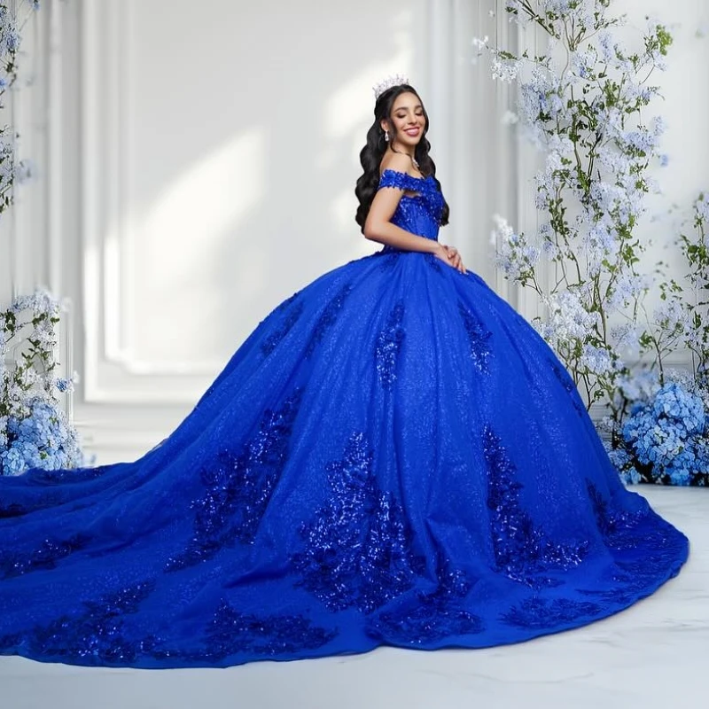 

Royal Blue Shiny Quinceanera Dresses Ball Gown Off Shoulder Sequin Appliques Lace Beads Tull Sweet 16 Dress Vestidos 15 De Anos