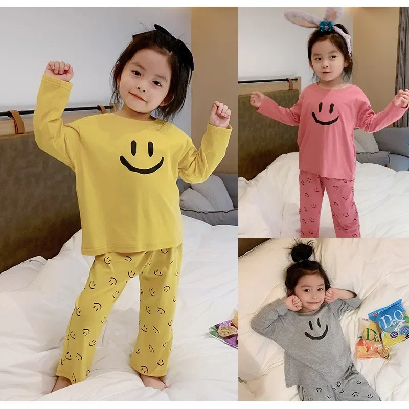 Boys Girls Sleepwear autumn fall Korean 2020 Two Piece Baby Long Sleeve Suit Smile Face Cotton Toddler Pajamas Set 2 to 10 yrs