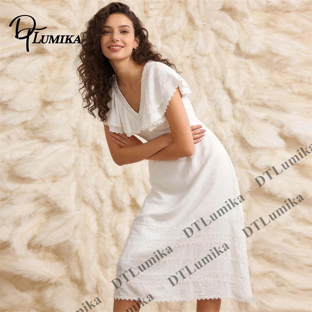 

DTLumika - White Ruffled V-Neck Midi Dress with Lace Trim for Beach Vacation Countryside Escape Casual Refreshing Outfit